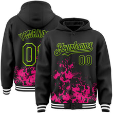 Load image into Gallery viewer, Custom Black Hot Pink Neon Green-White Splash Art 3D Pattern Design Bomber Full-Snap Varsity Letterman Hoodie Jacket
