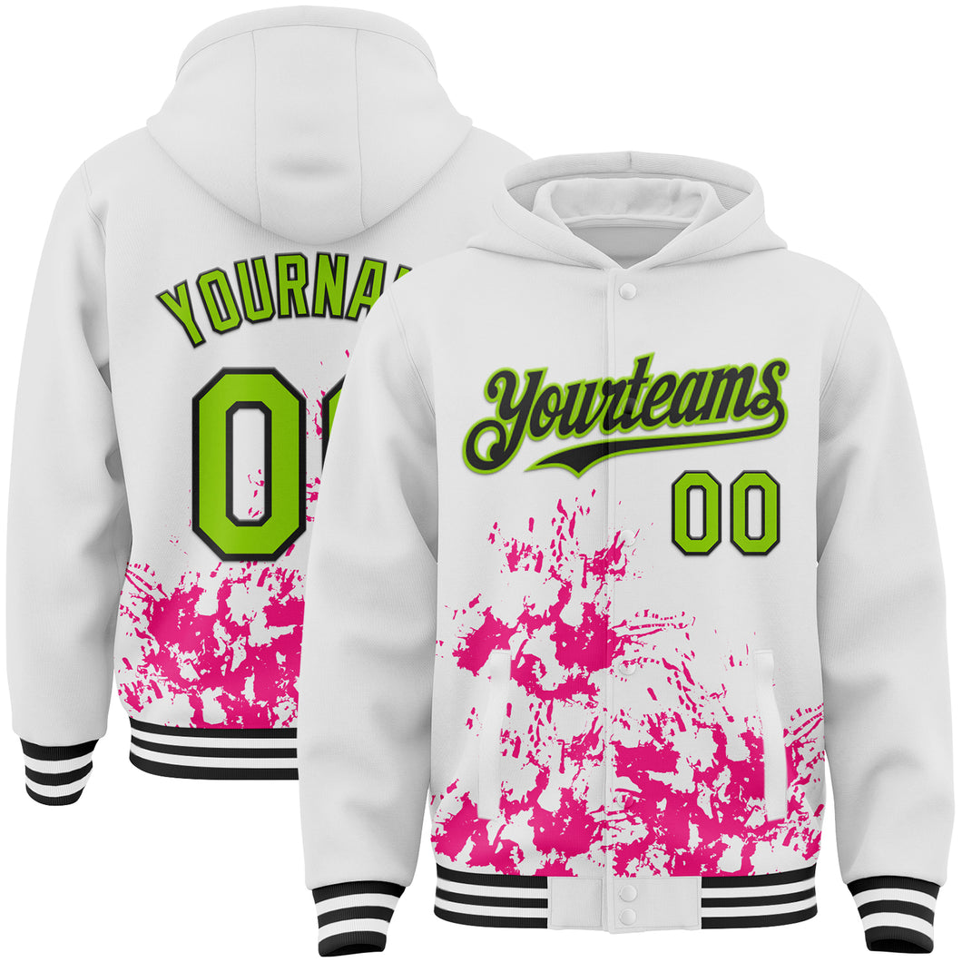 Custom White Neon Green Hot Pink-Black Splash Art 3D Pattern Design Bomber Full-Snap Varsity Letterman Hoodie Jacket
