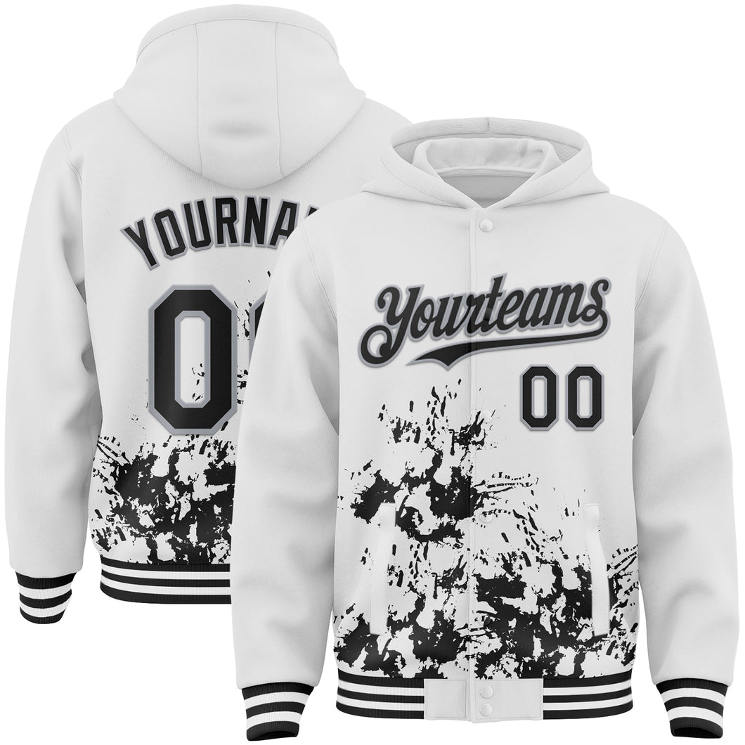 Custom White Black-Gray Splash Art 3D Pattern Design Bomber Full-Snap Varsity Letterman Hoodie Jacket