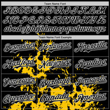 Load image into Gallery viewer, Custom Black Yellow-White Splash Art 3D Pattern Design Bomber Full-Snap Varsity Letterman Hoodie Jacket
