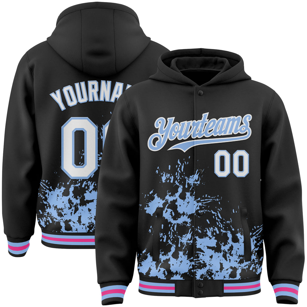 Custom Black White Light Blue-Pink Splash Art 3D Pattern Design Bomber Full-Snap Varsity Letterman Hoodie Jacket