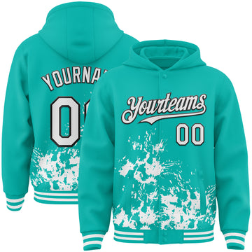Custom Aqua White-Black Splash Art 3D Pattern Design Bomber Full-Snap Varsity Letterman Hoodie Jacket