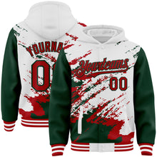 Load image into Gallery viewer, Custom White Red-Green Splash Art 3D Pattern Design Bomber Full-Snap Varsity Letterman Hoodie Jacket
