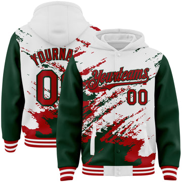 Custom White Red-Green Splash Art 3D Pattern Design Bomber Full-Snap Varsity Letterman Hoodie Jacket