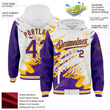 Load image into Gallery viewer, Custom White Purple-Gold Splash Art 3D Pattern Design Bomber Full-Snap Varsity Letterman Hoodie Jacket
