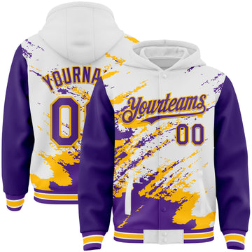 Custom White Purple-Gold Splash Art 3D Pattern Design Bomber Full-Snap Varsity Letterman Hoodie Jacket