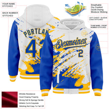 Load image into Gallery viewer, Custom White Thunder Blue-Gold Splash Art 3D Pattern Design Bomber Full-Snap Varsity Letterman Hoodie Jacket
