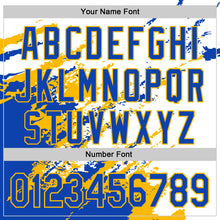 Load image into Gallery viewer, Custom White Thunder Blue-Gold Splash Art 3D Pattern Design Bomber Full-Snap Varsity Letterman Hoodie Jacket
