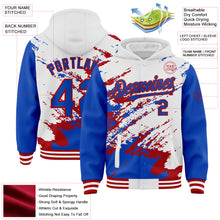 Load image into Gallery viewer, Custom White Thunder Blue-Red Splash Art 3D Pattern Design Bomber Full-Snap Varsity Letterman Hoodie Jacket

