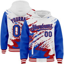 Load image into Gallery viewer, Custom White Thunder Blue-Red Splash Art 3D Pattern Design Bomber Full-Snap Varsity Letterman Hoodie Jacket
