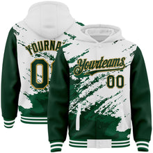 Load image into Gallery viewer, Custom White Green Old Gold Kelly Green Splash Art 3D Pattern Design Bomber Full-Snap Varsity Letterman Hoodie Jacket
