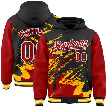 Custom Black Red Gold-White Splash Art 3D Pattern Design Bomber Full-Snap Varsity Letterman Hoodie Jacket