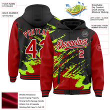 Load image into Gallery viewer, Custom Black Red Neon Green-White Splash Art 3D Pattern Design Bomber Full-Snap Varsity Letterman Hoodie Jacket
