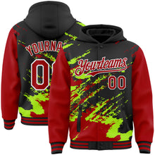 Load image into Gallery viewer, Custom Black Red Neon Green-White Splash Art 3D Pattern Design Bomber Full-Snap Varsity Letterman Hoodie Jacket
