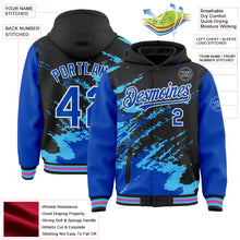 Load image into Gallery viewer, Custom Black Thunder Blue Sky Blue Pink-White Splash Art 3D Pattern Design Bomber Full-Snap Varsity Letterman Hoodie Jacket
