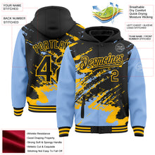 Загрузить изображение в средство просмотра галереи, Custom Black Light Blue-Gold Splash Art 3D Pattern Design Bomber Full-Snap Varsity Letterman Hoodie Jacket
