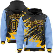 Загрузить изображение в средство просмотра галереи, Custom Black Light Blue-Gold Splash Art 3D Pattern Design Bomber Full-Snap Varsity Letterman Hoodie Jacket
