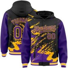 Charger l'image dans la galerie, Custom Black Purple Gold-White Splash Art 3D Pattern Design Bomber Full-Snap Varsity Letterman Hoodie Jacket
