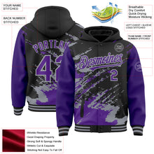 Load image into Gallery viewer, Custom Black Purple-Gray Splash Art 3D Pattern Design Bomber Full-Snap Varsity Letterman Hoodie Jacket
