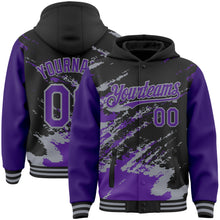 Load image into Gallery viewer, Custom Black Purple-Gray Splash Art 3D Pattern Design Bomber Full-Snap Varsity Letterman Hoodie Jacket
