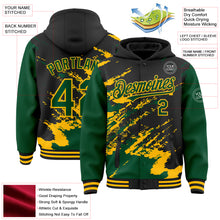 Load image into Gallery viewer, Custom Black Kelly Green-Gold Splash Art 3D Pattern Design Bomber Full-Snap Varsity Letterman Hoodie Jacket

