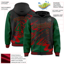 Загрузить изображение в средство просмотра галереи, Custom Black Kelly Green-Red Splash Art 3D Pattern Design Bomber Full-Snap Varsity Letterman Hoodie Jacket
