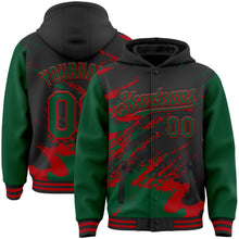 Загрузить изображение в средство просмотра галереи, Custom Black Kelly Green-Red Splash Art 3D Pattern Design Bomber Full-Snap Varsity Letterman Hoodie Jacket
