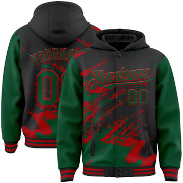 Custom Black Kelly Green-Red Splash Art 3D Pattern Design Bomber Full-Snap Varsity Letterman Hoodie Jacket