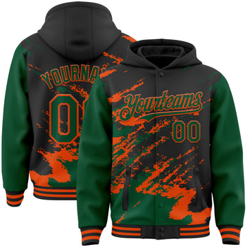Custom Black Kelly Green-Orange Splash Art 3D Pattern Design Bomber Full-Snap Varsity Letterman Hoodie Jacket