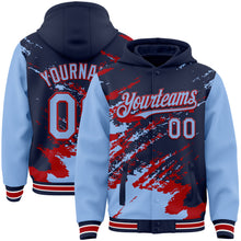 Load image into Gallery viewer, Custom Navy Light Blue Red-White Splash Art 3D Pattern Design Bomber Full-Snap Varsity Letterman Hoodie Jacket

