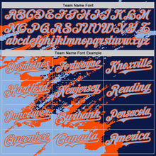 Load image into Gallery viewer, Custom Navy Light Blue-Orange Splash Art 3D Pattern Design Bomber Full-Snap Varsity Letterman Hoodie Jacket
