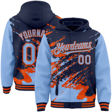 Load image into Gallery viewer, Custom Navy Light Blue-Orange Splash Art 3D Pattern Design Bomber Full-Snap Varsity Letterman Hoodie Jacket
