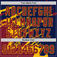 Load image into Gallery viewer, Custom Navy Crimson-Gold Splash Art 3D Pattern Design Bomber Full-Snap Varsity Letterman Hoodie Jacket

