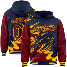 Load image into Gallery viewer, Custom Navy Crimson-Gold Splash Art 3D Pattern Design Bomber Full-Snap Varsity Letterman Hoodie Jacket
