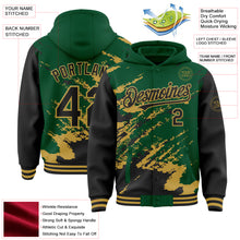 Загрузить изображение в средство просмотра галереи, Custom Kelly Green Black-Old Gold Splash Art 3D Pattern Design Bomber Full-Snap Varsity Letterman Hoodie Jacket

