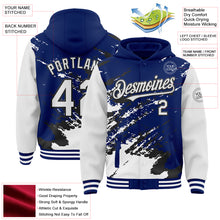 Загрузить изображение в средство просмотра галереи, Custom Royal White-Black Splash Art 3D Pattern Design Bomber Full-Snap Varsity Letterman Hoodie Jacket
