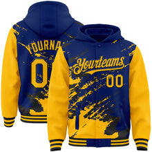 Load image into Gallery viewer, Custom Royal Gold-Black Splash Art 3D Pattern Design Bomber Full-Snap Varsity Letterman Hoodie Jacket

