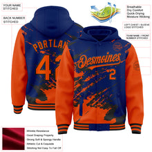 Загрузить изображение в средство просмотра галереи, Custom Royal Orange-Black Splash Art 3D Pattern Design Bomber Full-Snap Varsity Letterman Hoodie Jacket

