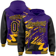 Загрузить изображение в средство просмотра галереи, Custom Purple Black-Gold Splash Art 3D Pattern Design Bomber Full-Snap Varsity Letterman Hoodie Jacket
