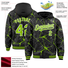 Load image into Gallery viewer, Custom Black Neon Green-White Abstract Network 3D Pattern Design Bomber Full-Snap Varsity Letterman Hoodie Jacket
