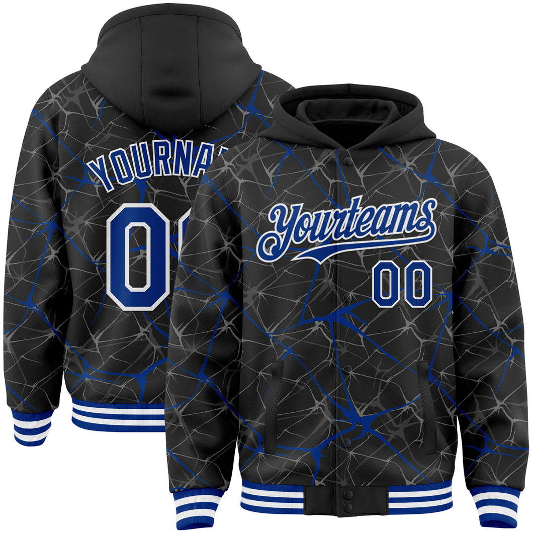 Custom Black Royal-White Abstract Network 3D Pattern Design Bomber Full-Snap Varsity Letterman Hoodie Jacket