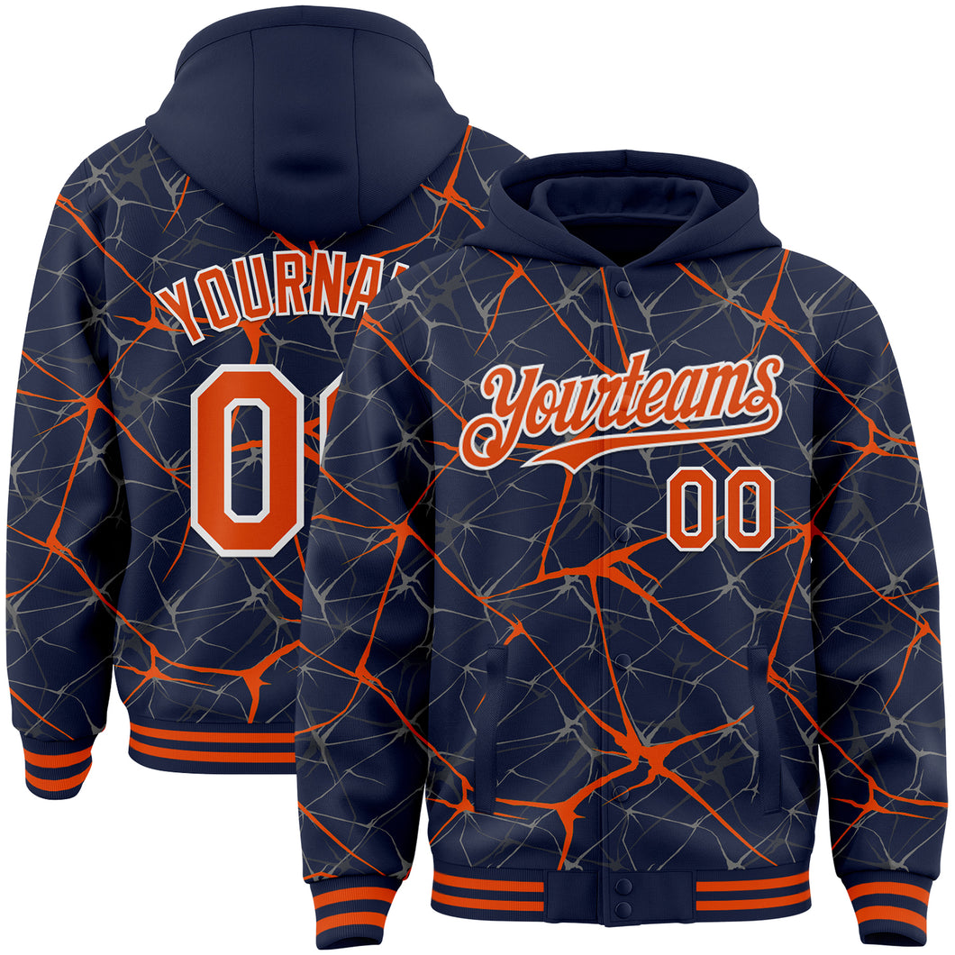 Custom Navy Orange-White Abstract Network 3D Pattern Design Bomber Full-Snap Varsity Letterman Hoodie Jacket