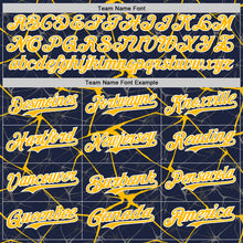 Загрузить изображение в средство просмотра галереи, Custom Navy Gold-White Abstract Network 3D Pattern Design Bomber Full-Snap Varsity Letterman Hoodie Jacket
