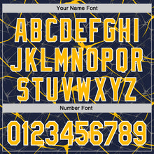 Загрузить изображение в средство просмотра галереи, Custom Navy Gold-White Abstract Network 3D Pattern Design Bomber Full-Snap Varsity Letterman Hoodie Jacket
