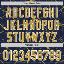 Загрузить изображение в средство просмотра галереи, Custom Navy Old Gold-White Abstract Network 3D Pattern Design Bomber Full-Snap Varsity Letterman Hoodie Jacket
