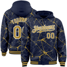 Загрузить изображение в средство просмотра галереи, Custom Navy Old Gold-White Abstract Network 3D Pattern Design Bomber Full-Snap Varsity Letterman Hoodie Jacket
