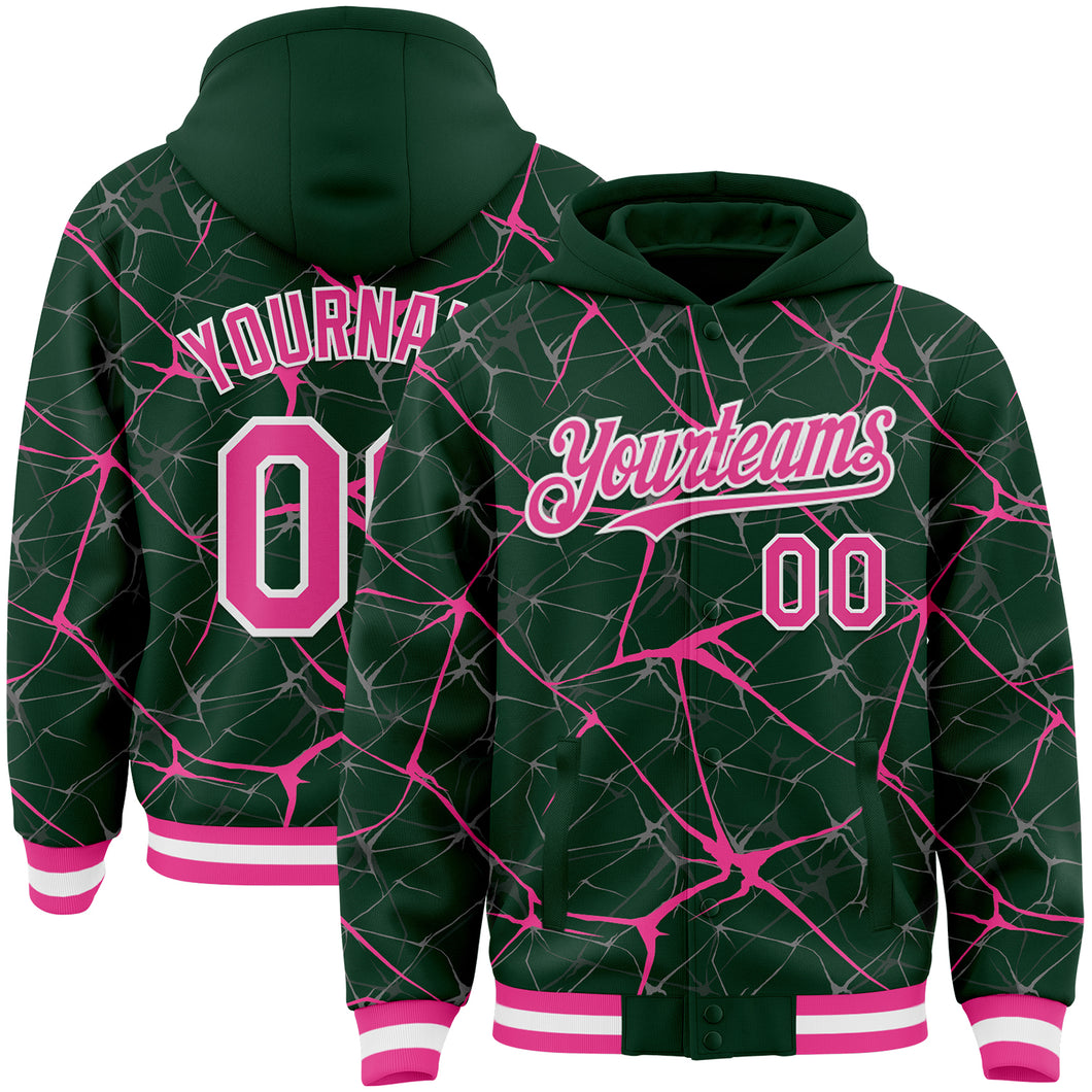 Custom Green Pink-White Abstract Network 3D Pattern Design Bomber Full-Snap Varsity Letterman Hoodie Jacket