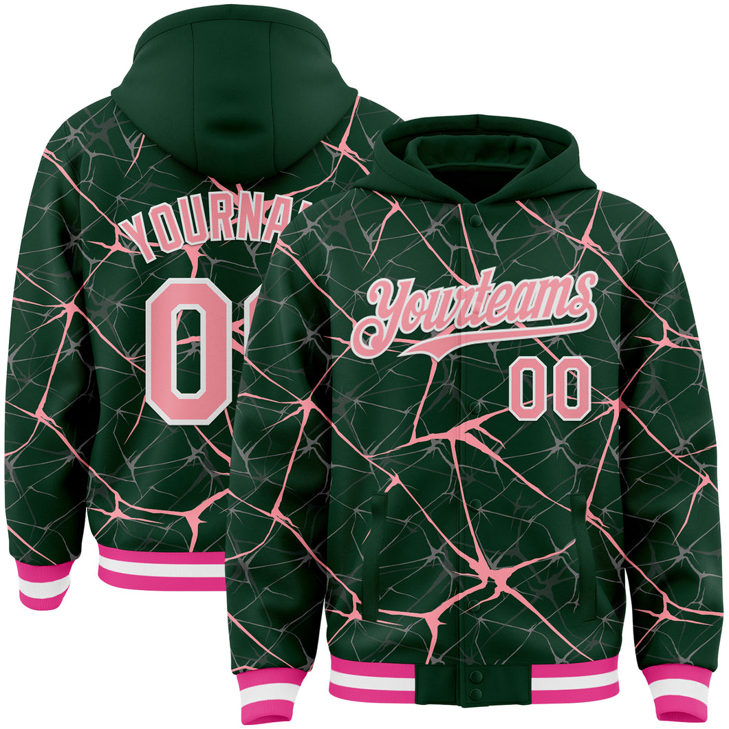 Custom Green Medium Pink-White Abstract Network 3D Pattern Design Bomber Full-Snap Varsity Letterman Hoodie Jacket