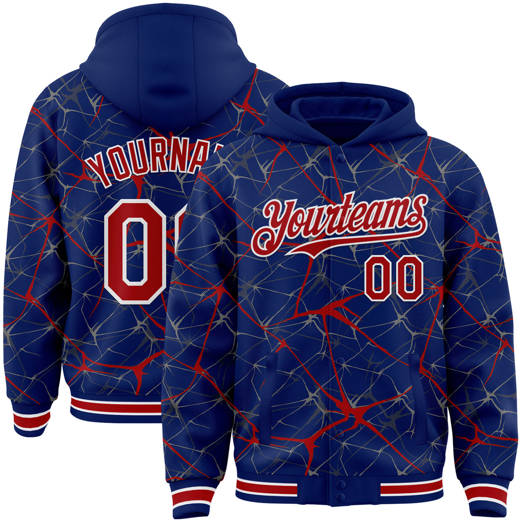 Custom Royal Red-White Abstract Network 3D Pattern Design Bomber Full-Snap Varsity Letterman Hoodie Jacket