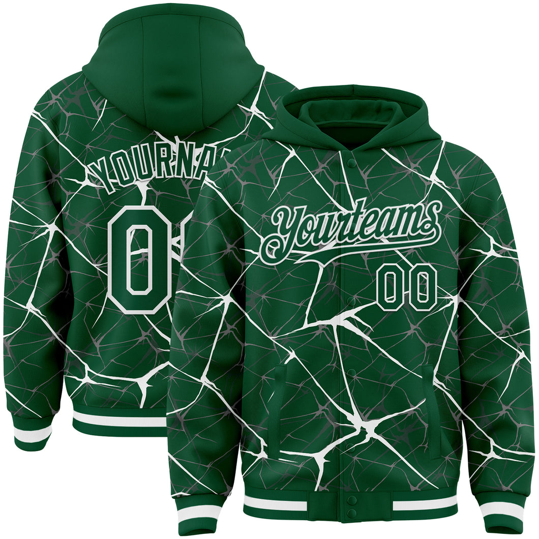 Custom Kelly Green White Abstract Network 3D Pattern Design Bomber Full-Snap Varsity Letterman Hoodie Jacket